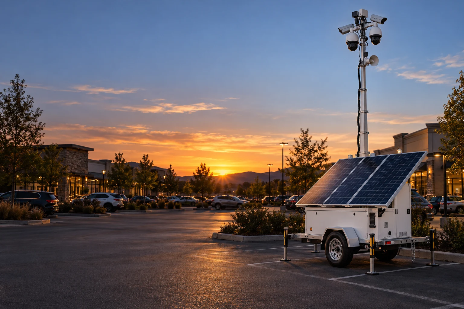 Illustrative solar surveillance trailer deployed at a commercial properties site at sunset