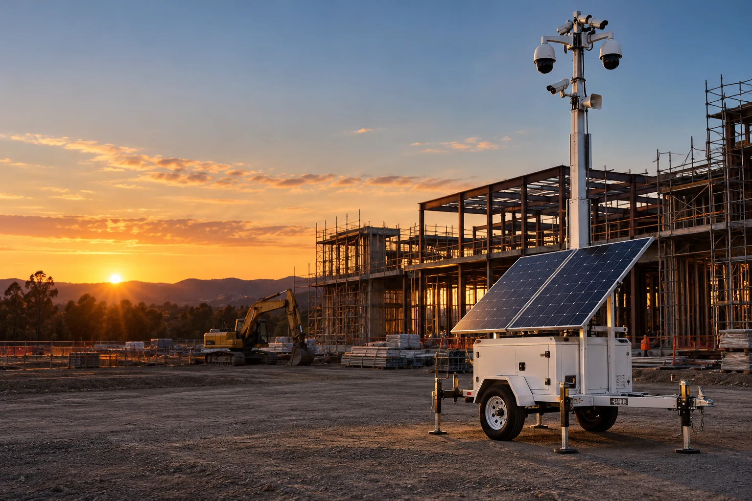 Illustrative solar surveillance trailer deployed at a construction site at sunset