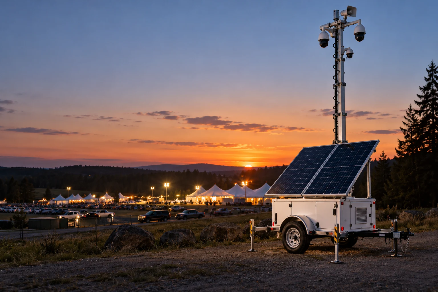 Illustrative solar surveillance trailer deployed at a events site at sunset
