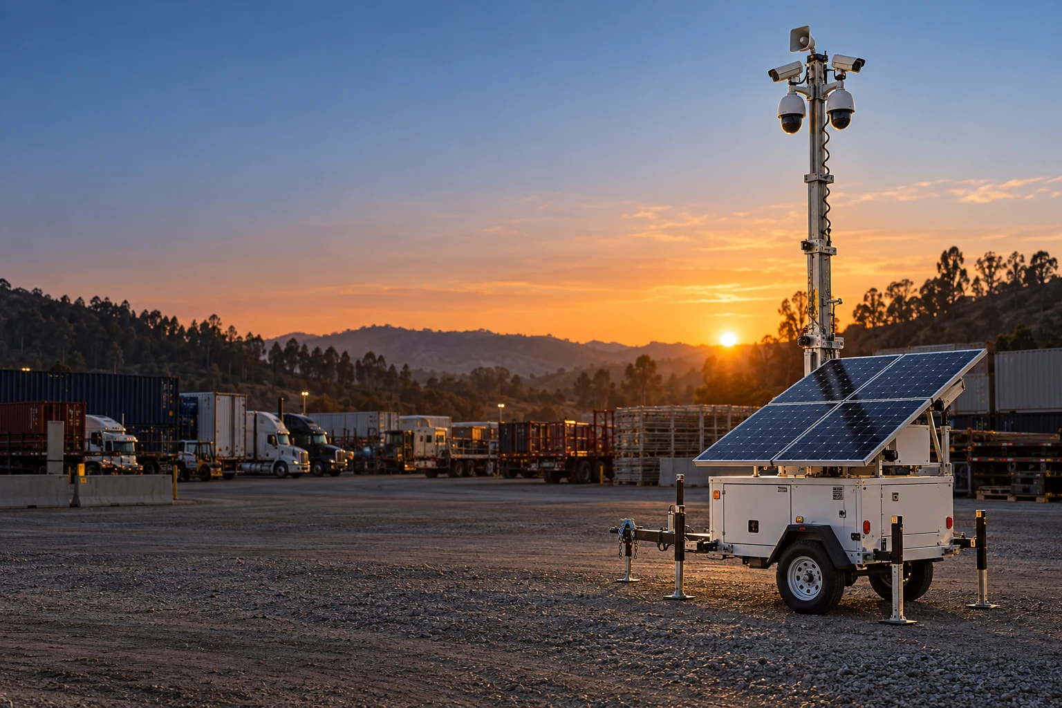 Illustrative solar surveillance trailer deployed at a industrial yards site at sunset