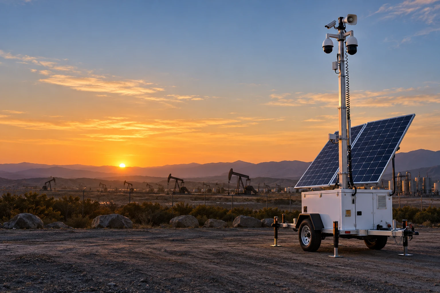 Illustrative solar surveillance trailer deployed at a oil gas site at sunset