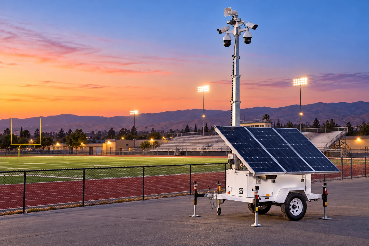 Illustrative concept of a solar surveillance trailer outside a high-school football stadium at dusk