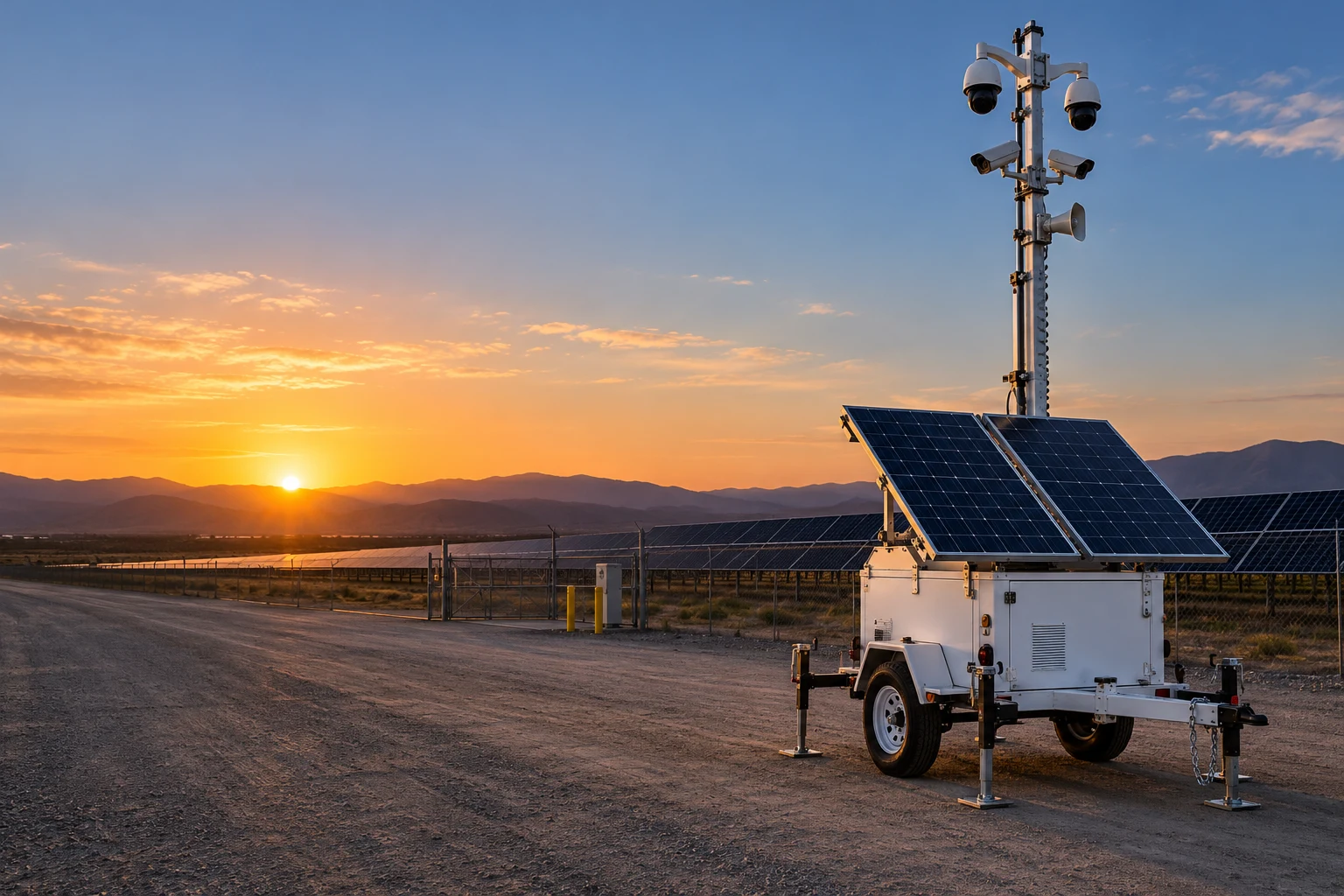 Illustrative solar surveillance trailer deployed at a solar farms site at sunset